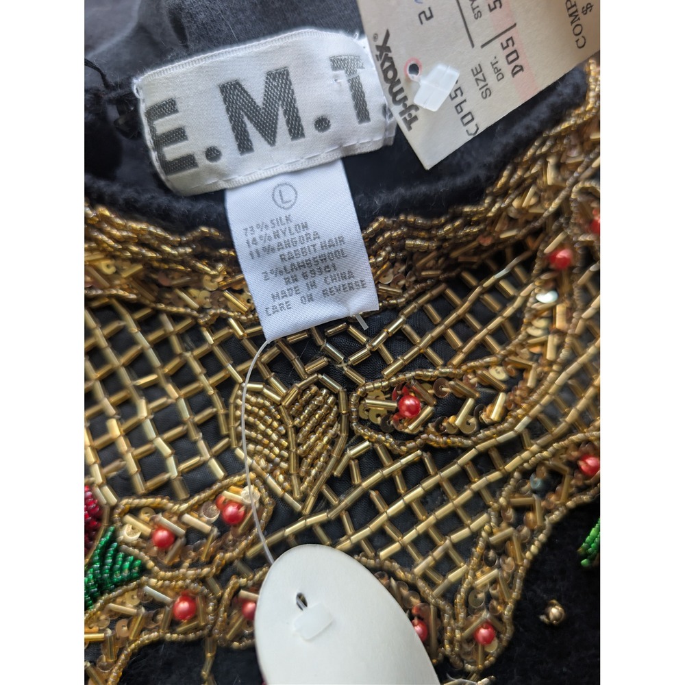 Vintage EMT Black Silk Angora Beaded Sequin Rose Sweater Womens L Holiday 90s - Picture 4 of 8